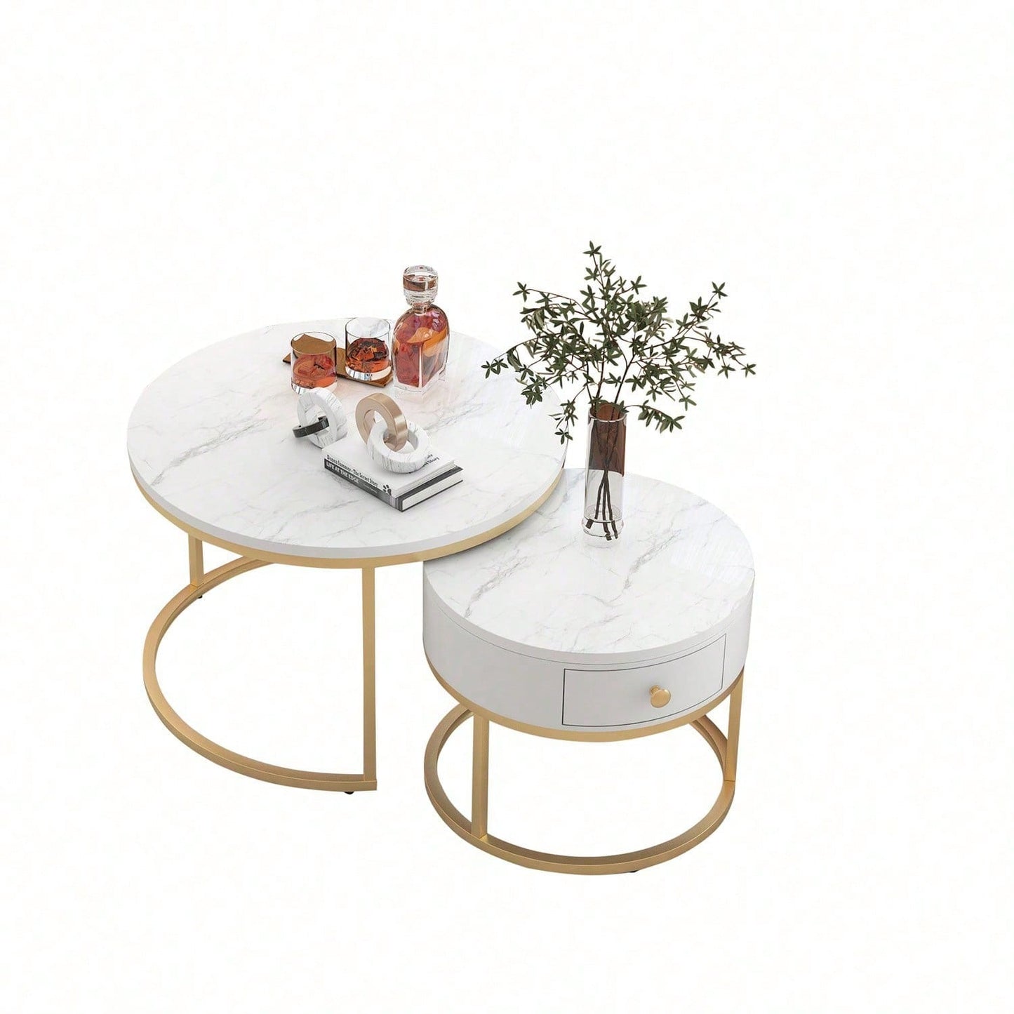 Moderner Nesting Couchtisch Hochglanz Marmormuster 2er Set runde Couchtische Runder Nested Beistelltisch