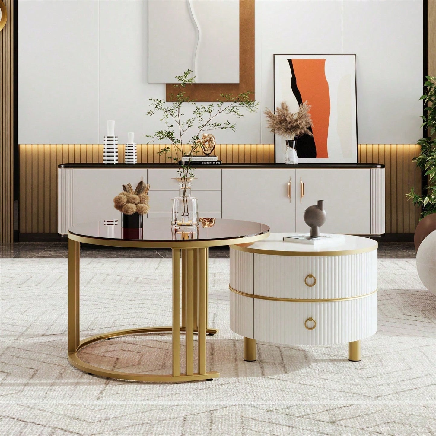 2-in-1 runder MDF-Couchtisch, Beistelltisch mit 1 Hochglanz-Tischplatte und 1 brauner Tischplatte aus gehärtetem Glas, Wohnzimmer-Couchtischkombination mit 2 Schubladen, 70*70*45 + 50*50*40 cm