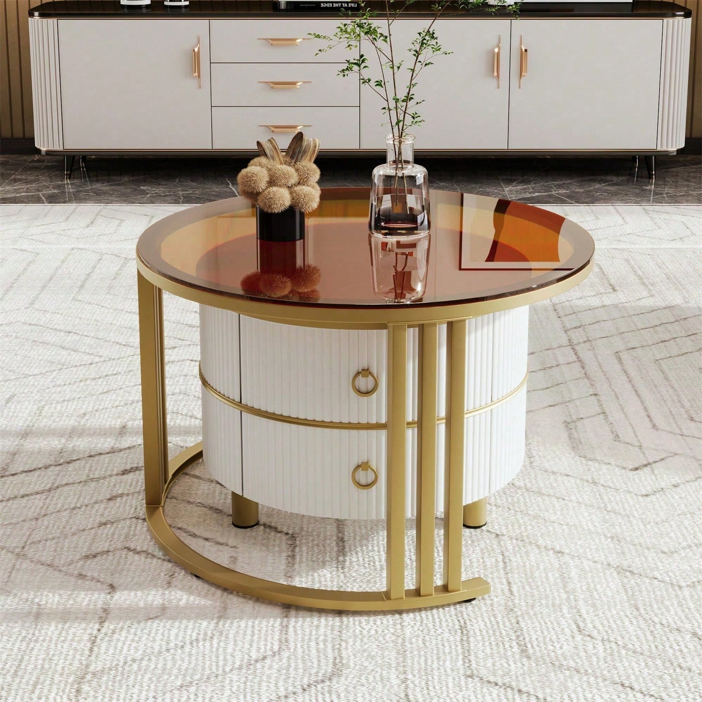 2-in-1 runder MDF-Couchtisch, Beistelltisch mit 1 Hochglanz-Tischplatte und 1 brauner Tischplatte aus gehärtetem Glas, Wohnzimmer-Couchtischkombination mit 2 Schubladen, 70*70*45 + 50*50*40 cm