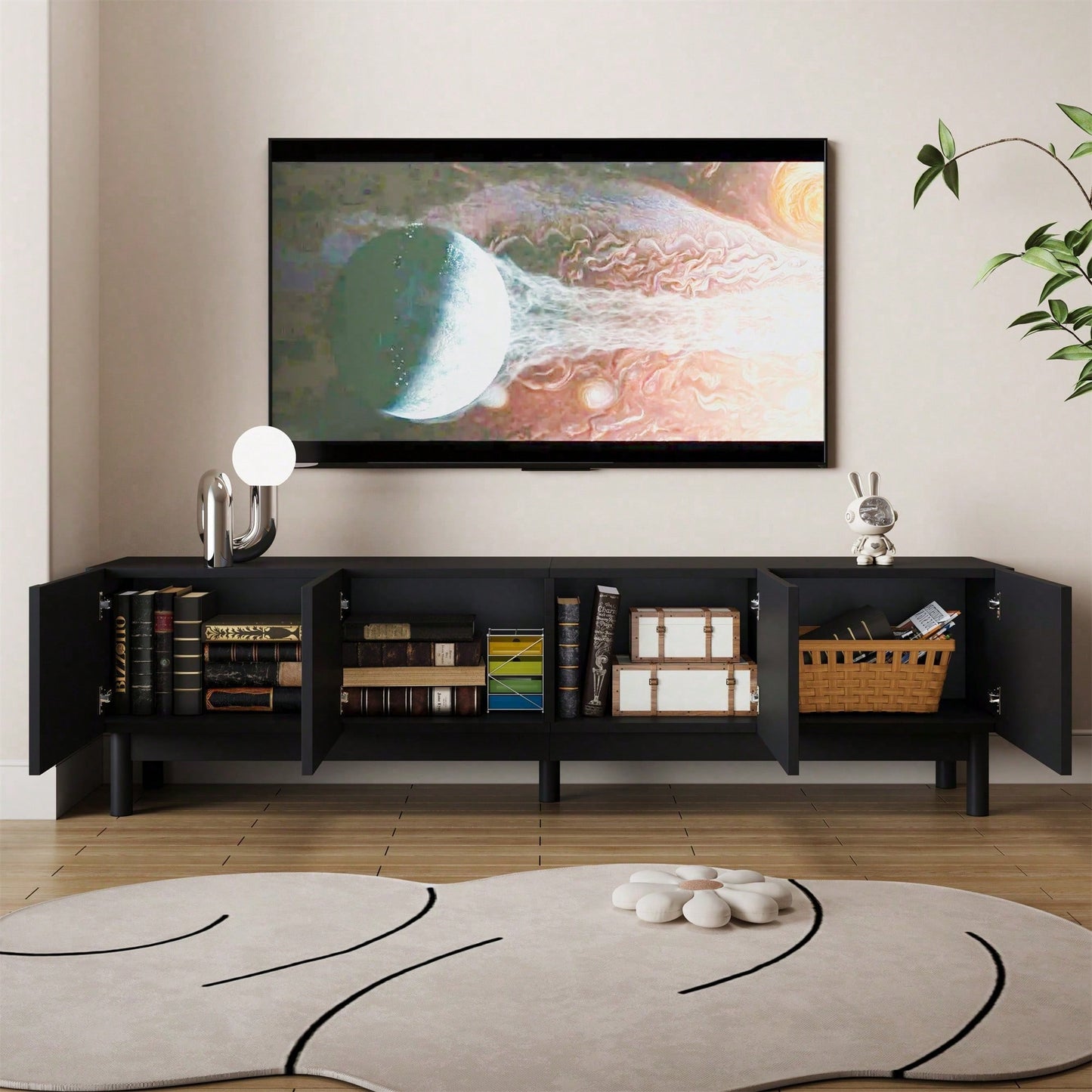 Lowboard mit gewölbten Wellentüren – TV-Schrank mit stabilen Beinen & praktischen Regalen – Elegantes Wohnzimmermöbel als TV-Ständer
