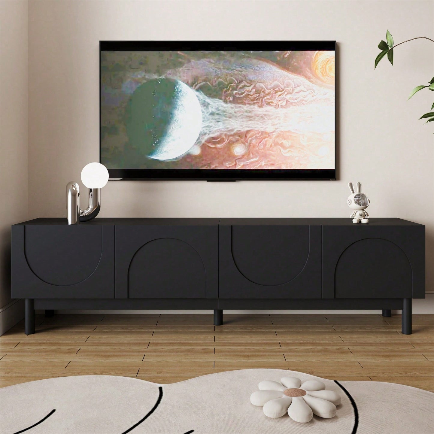 Lowboard mit gewölbten Wellentüren – TV-Schrank mit stabilen Beinen & praktischen Regalen – Elegantes Wohnzimmermöbel als TV-Ständer
