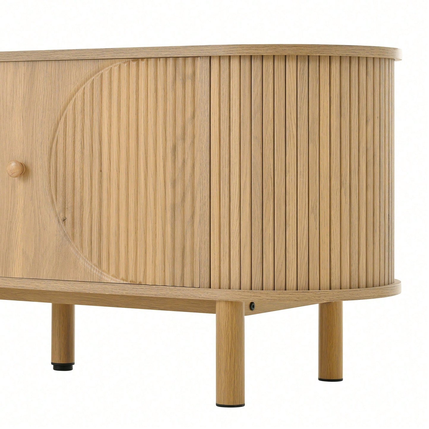 Moderner TV-Schrank mit Rattan-Schubladen & offenen Fächern – Abgerundete Tischplatte auf Metallbeinen (Holzoptik) – Multifunktionales Wohnzimmermöbel