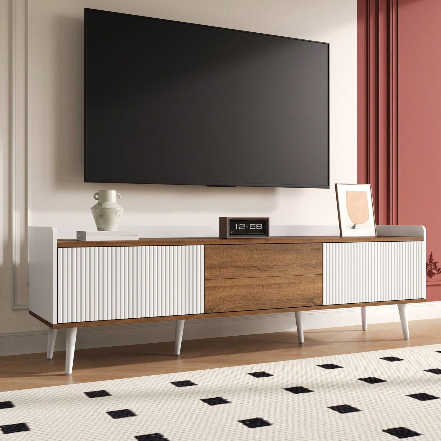 TV-Schrank 160*39*49,5 cm - Dreitüriger Unterschrank in Schwarz/Holzoptik - Kompaktes TV-Möbel mit natürlichem Finish - Stilvolles Lowboard für Wohnzimmer