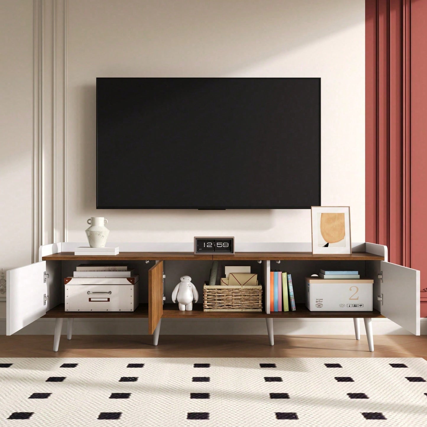 TV-Schrank 160*39*49,5 cm - Dreitüriger Unterschrank in Schwarz/Holzoptik - Kompaktes TV-Möbel mit natürlichem Finish - Stilvolles Lowboard für Wohnzimmer
