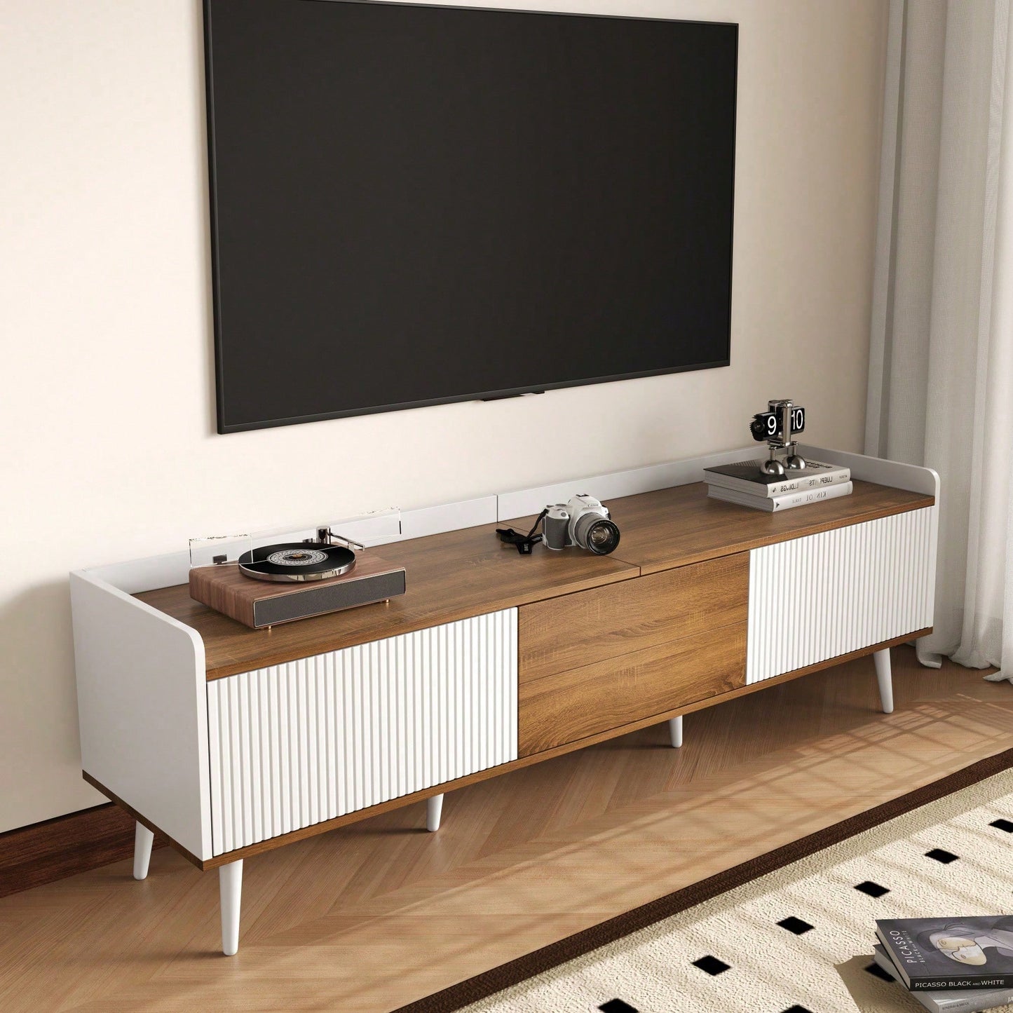TV-Schrank 160*39*49,5 cm - Dreitüriger Unterschrank in Schwarz/Holzoptik - Kompaktes TV-Möbel mit natürlichem Finish - Stilvolles Lowboard für Wohnzimmer