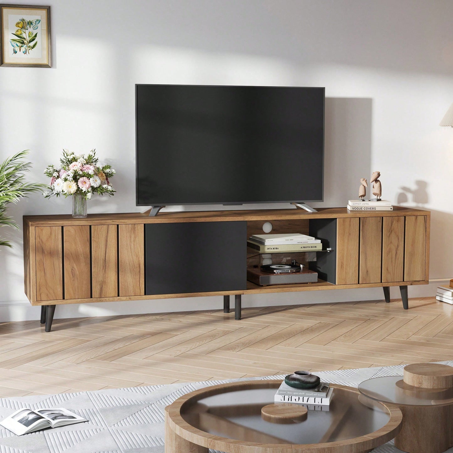 TV-Schrank Wohnzimmer 175x31.5x45cm | Massivholz Lowboard mit 3 Schubladen | Für bis zu 75-Zoll Fernseher | Modern in Holz & Schwarz