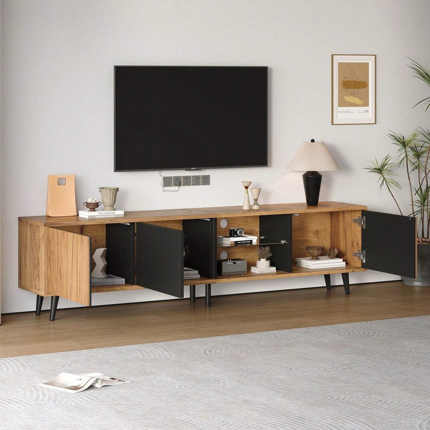 TV-Schrank Wohnzimmer 175x31.5x45cm | Massivholz Lowboard mit 3 Schubladen | Für bis zu 75-Zoll Fernseher | Modern in Holz & Schwarz