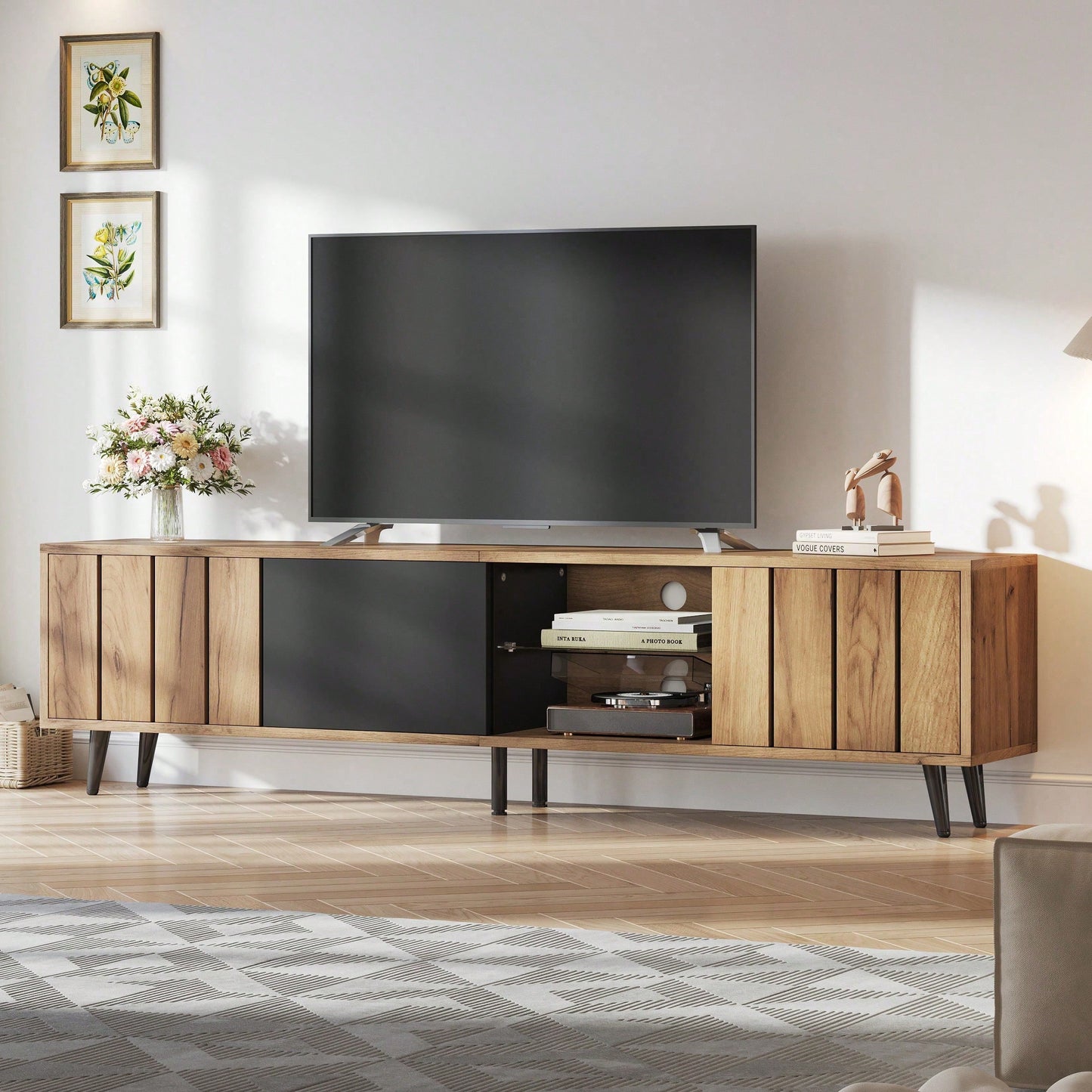 TV-Schrank Wohnzimmer 175x31.5x45cm | Massivholz Lowboard mit 3 Schubladen | Für bis zu 75-Zoll Fernseher | Modern in Holz & Schwarz