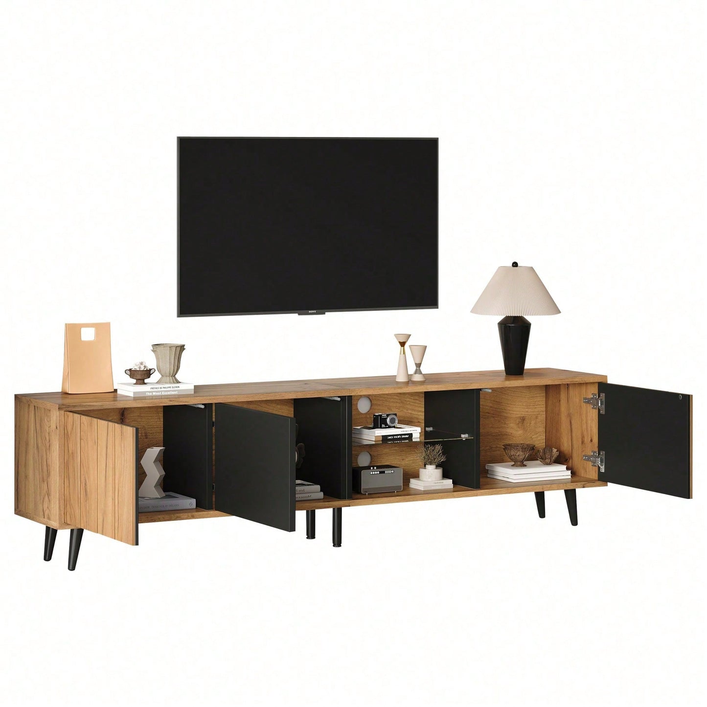TV-Schrank Wohnzimmer 175x31.5x45cm | Massivholz Lowboard mit 3 Schubladen | Für bis zu 75-Zoll Fernseher | Modern in Holz & Schwarz