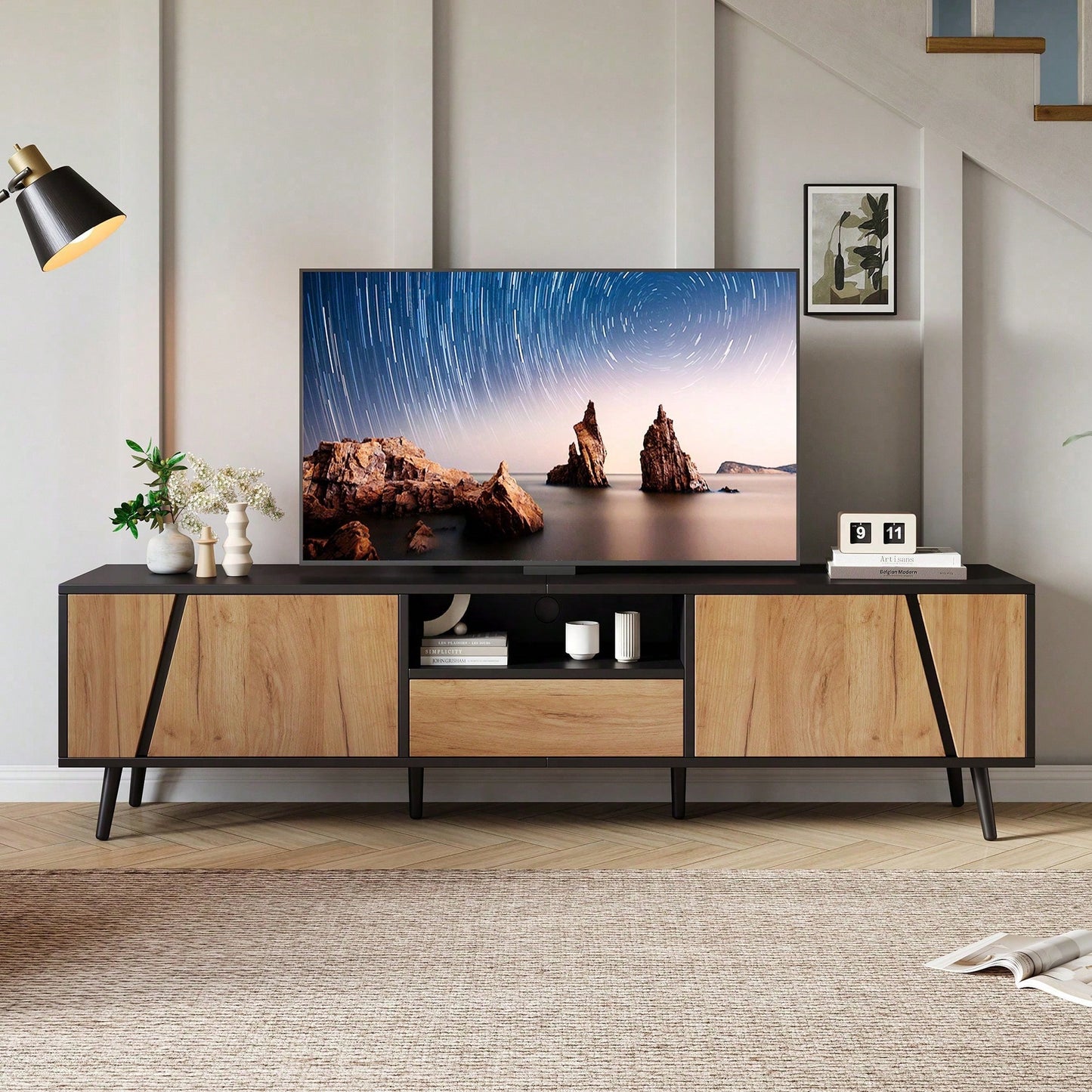 TV-Lowboard 180x40x46 cm – Moderner TV-Schrank mit 2 Schubladen & Schränken – Massivholz-Konsole mit 6 Stützbeinen, minimalistisches Design für 75-Zoll-Fernseher (Wohnzimmer-Möbel)