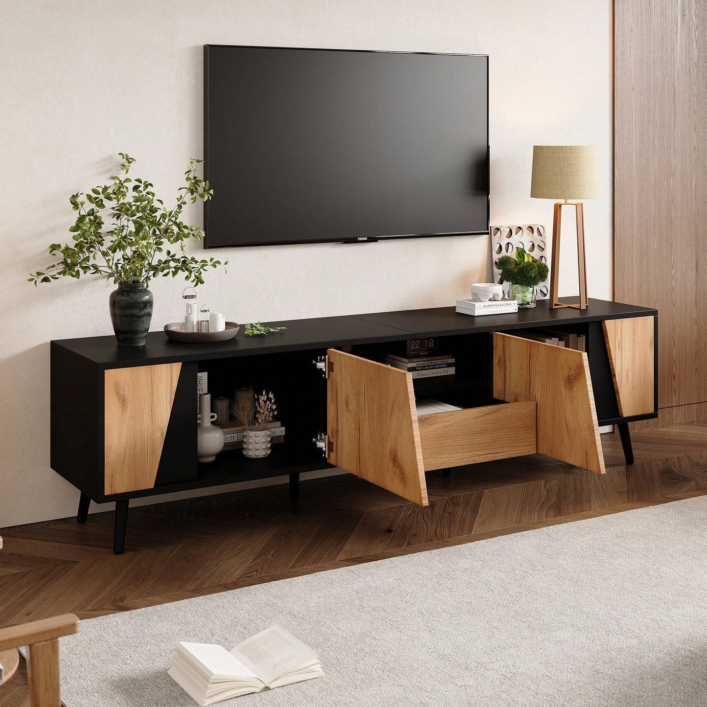 TV-Lowboard 180x40x46 cm – Moderner TV-Schrank mit 2 Schubladen & Schränken – Massivholz-Konsole mit 6 Stützbeinen, minimalistisches Design für 75-Zoll-Fernseher (Wohnzimmer-Möbel)