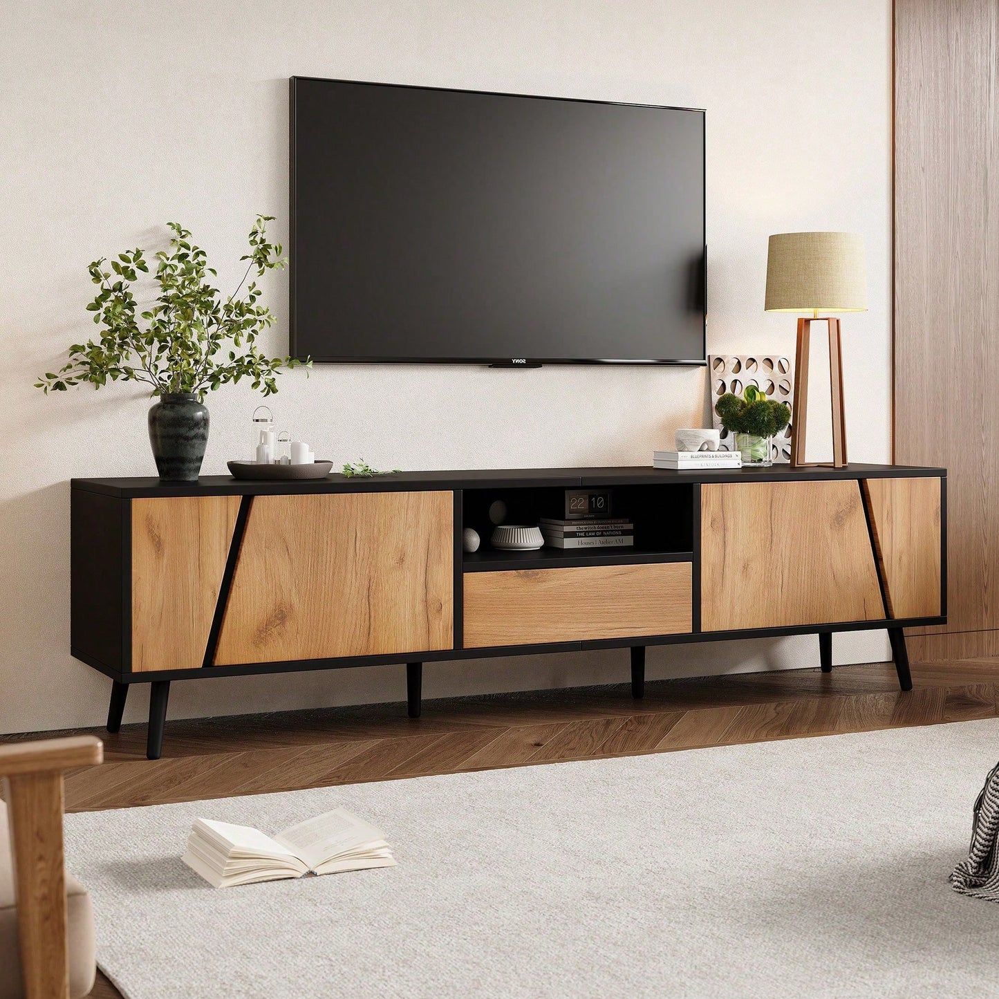 TV-Lowboard 180x40x46 cm – Moderner TV-Schrank mit 2 Schubladen & Schränken – Massivholz-Konsole mit 6 Stützbeinen, minimalistisches Design für 75-Zoll-Fernseher (Wohnzimmer-Möbel)