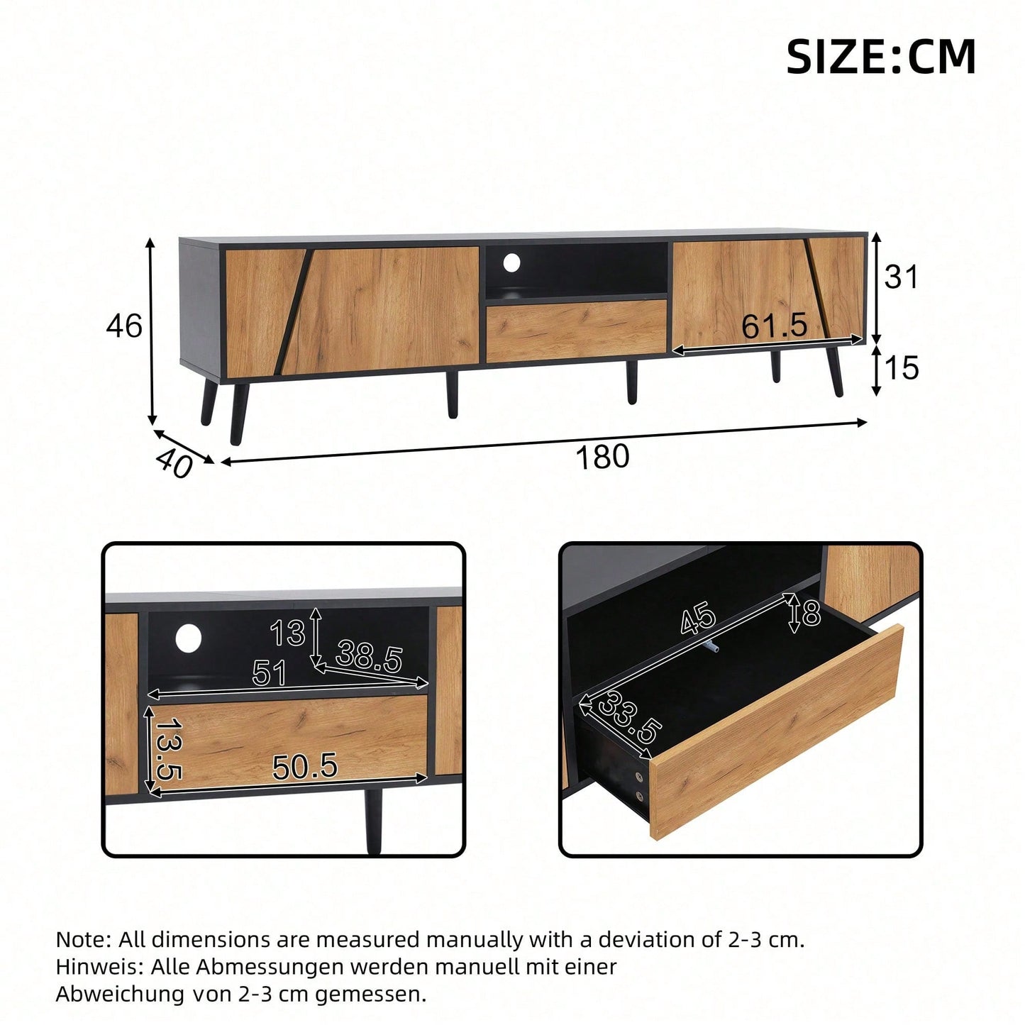 TV-Lowboard 180x40x46 cm – Moderner TV-Schrank mit 2 Schubladen & Schränken – Massivholz-Konsole mit 6 Stützbeinen, minimalistisches Design für 75-Zoll-Fernseher (Wohnzimmer-Möbel)