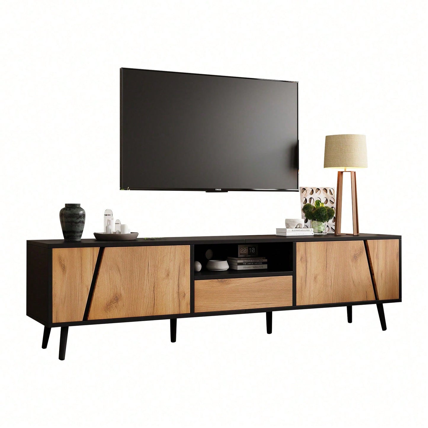 TV-Lowboard 180x40x46 cm – Moderner TV-Schrank mit 2 Schubladen & Schränken – Massivholz-Konsole mit 6 Stützbeinen, minimalistisches Design für 75-Zoll-Fernseher (Wohnzimmer-Möbel)
