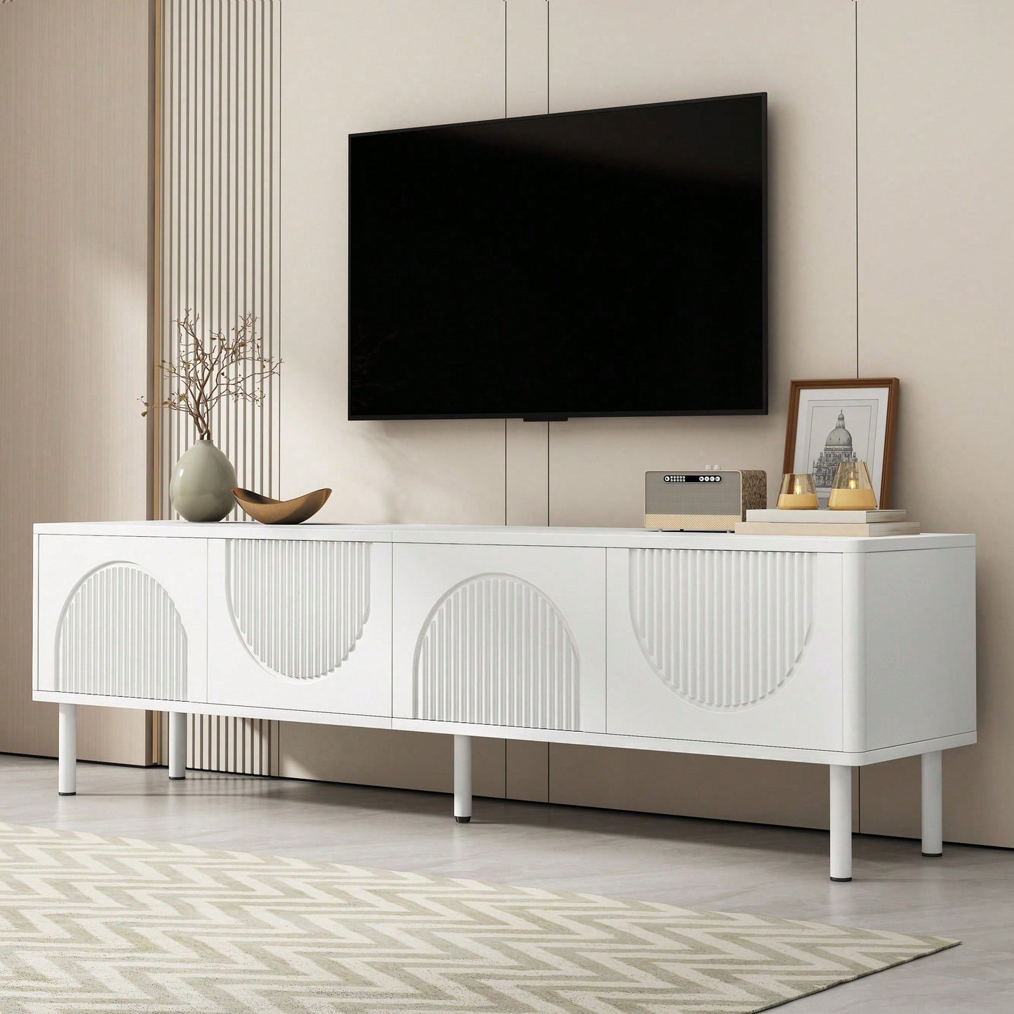 TV-Lowboard 180 cm Breite mit Stauraum - Modernes Medienboard in minimalistischem Design mit matter Oberfläche & integriertem Kabelmanagement - Für Wohnzimmer, Schlafzimmer oder Flur (Hochwertige TV-Konsole)