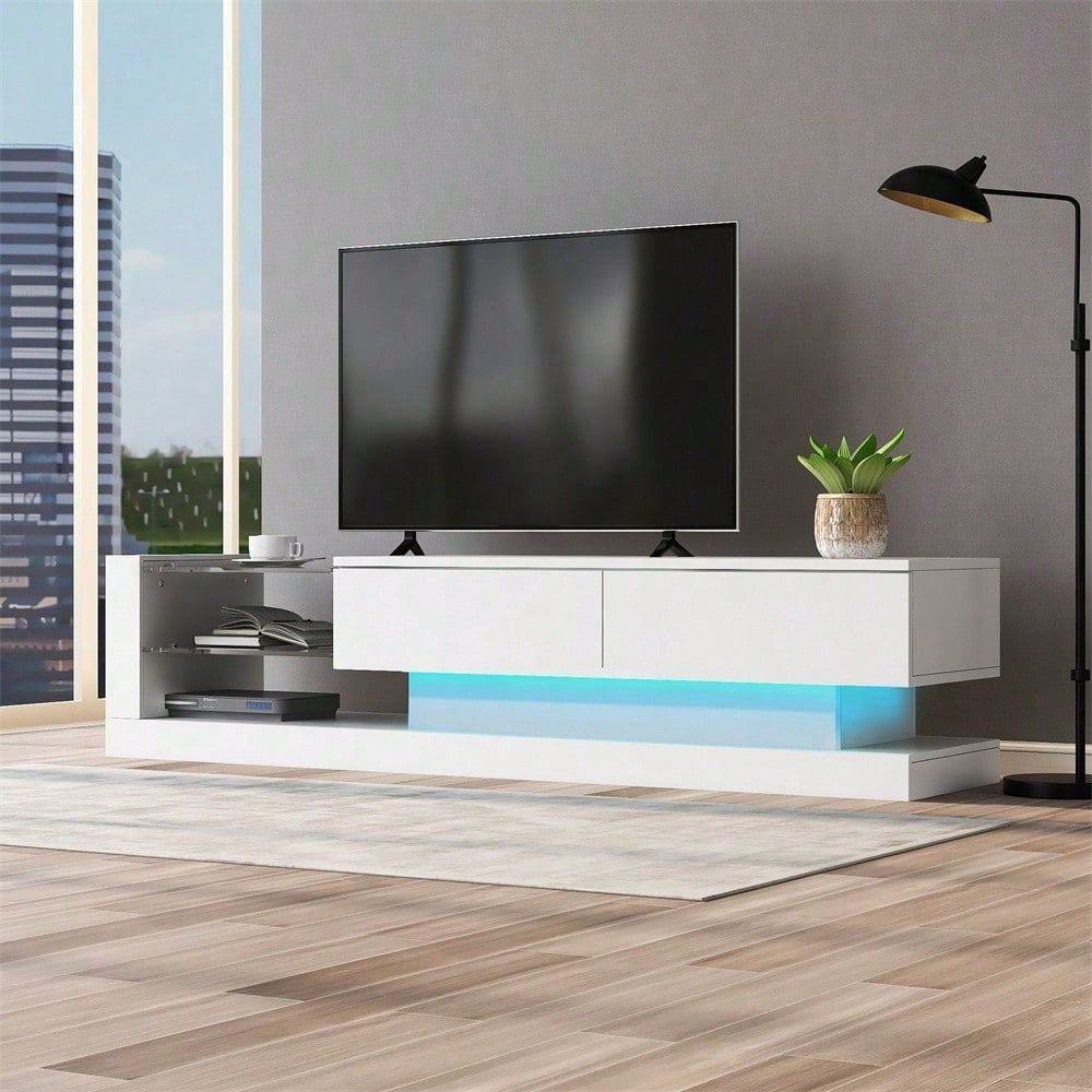 Stilvoller weißer Hochglanz-TV-Schrank - 1,4 Meter lang, 16-farbige LED-Beleuchtung, 60 Zoll TV-Fläche - ein Möbelstück, das Eleganz und Funktionalität vereint