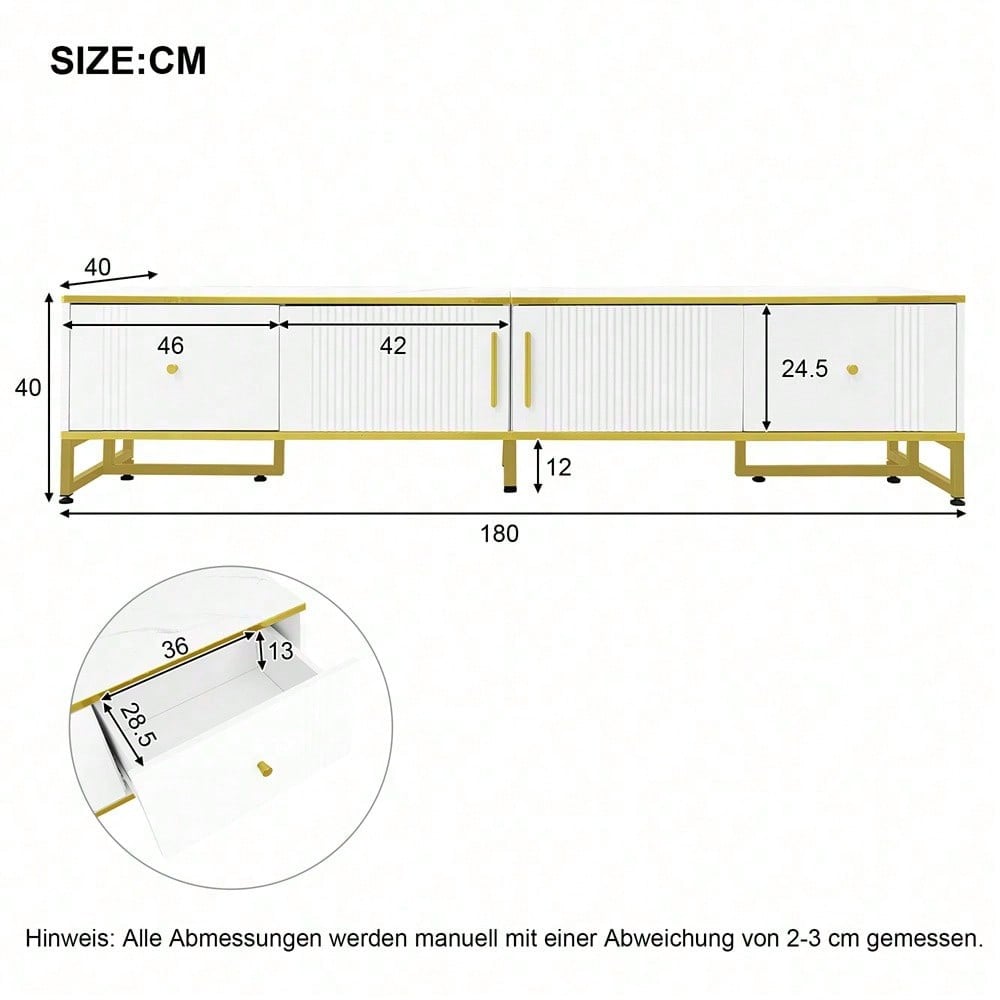 Eleganter weißer TV-Schrank, 180x40x40 cm, mit goldener Umrandung, 2 Türen, 2 Schubladen, verstellbaren Füßen und Kabelmanagement – ideal für 80-Zoll-Fernseher