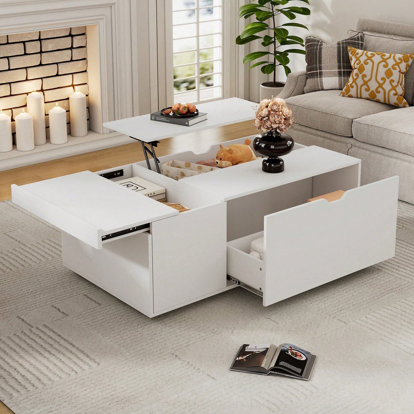 Moderner multifunktionaler weißer Lift-up-Couchtisch mit Schubladen und Schiebetüren, flexibler Raum, geeignet für eine Vielzahl von Wohnstilen