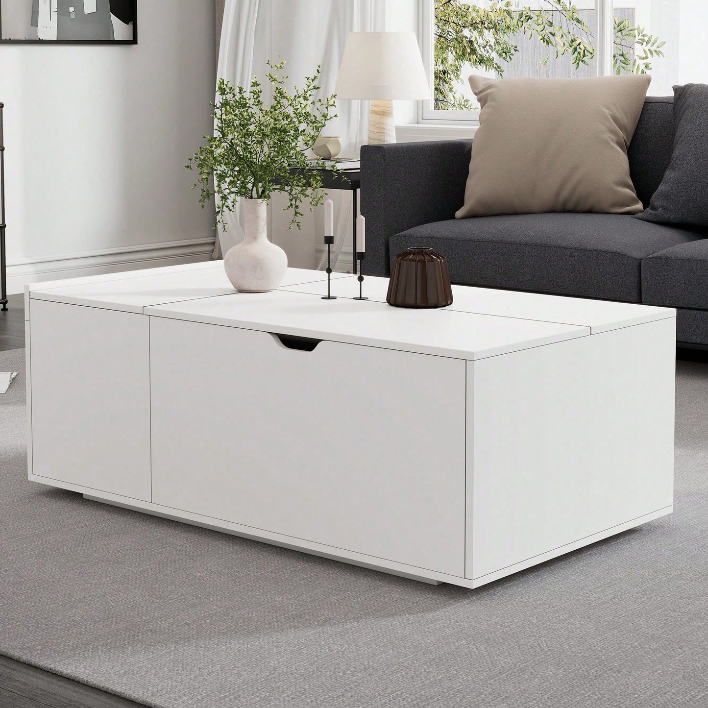 Moderner multifunktionaler weißer Lift-up-Couchtisch mit Schubladen und Schiebetüren, flexibler Raum, geeignet für eine Vielzahl von Wohnstilen