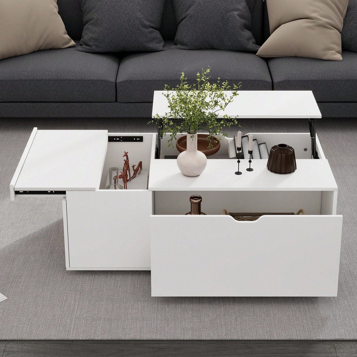 Moderner multifunktionaler weißer Lift-up-Couchtisch mit Schubladen und Schiebetüren, flexibler Raum, geeignet für eine Vielzahl von Wohnstilen