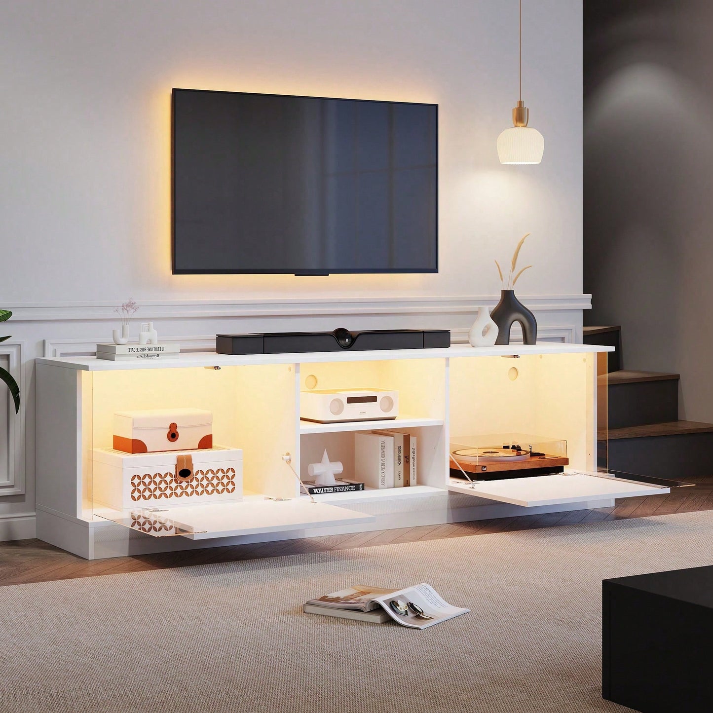 Weißer Hochglanz-TV-Schrank, geeignet für Fernseher bis 70 Zoll, bodenstehender TV-Ständer, Wohnzimmer-TV-Schrank mit LED-Aufbewahrungsfunktion