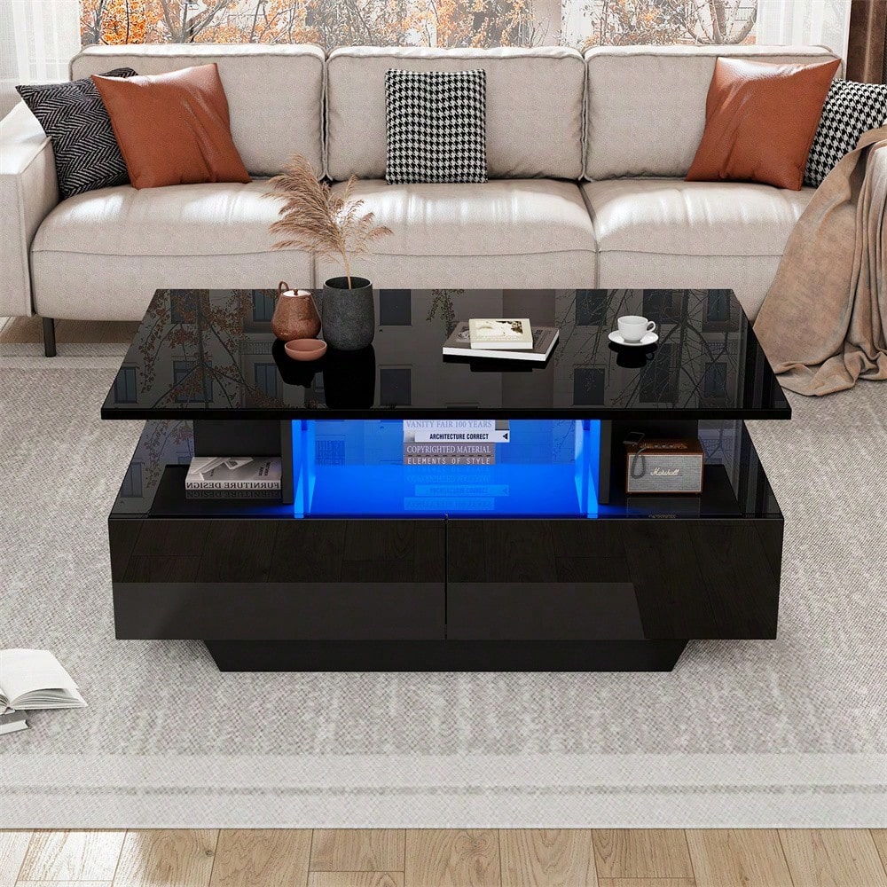 Modernes Hochglanz-Couchtisch mit LED-Beleuchtung und 2 Schubladen – Stilvoller 90x55x41 cm Beistelltisch mit Stauraum, Belastbar bis 30 kg