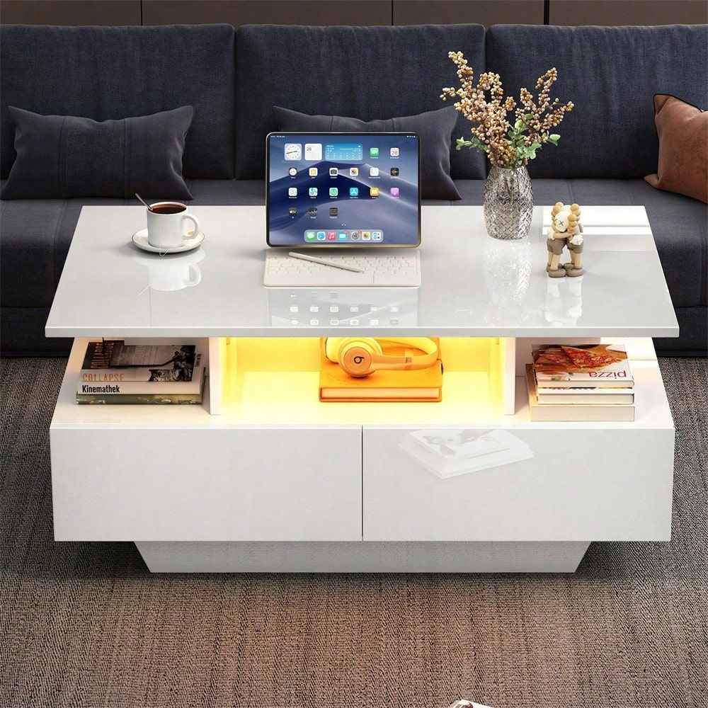 Modernes Hochglanz-Couchtisch mit LED-Beleuchtung und 2 Schubladen – Stilvoller 90x55x41 cm Beistelltisch mit Stauraum, Belastbar bis 30 kg