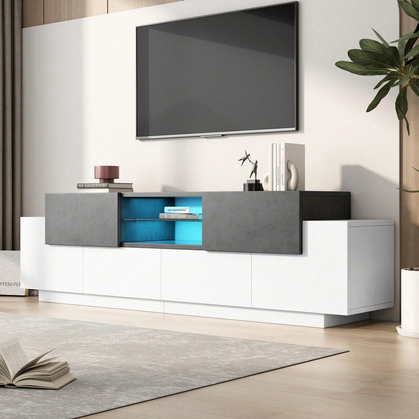 LED TV Schrank, TV-Kommode, Lowboard, Modernes TV-Unterhaltungszentrum mit Glasböden für Wohnzimmer, Schlafzimmer, TV-Konsole mit Lagerung, Gaming Media Cabinet für 80/75/70/65/55 Zoll TVs Weiß+Grau