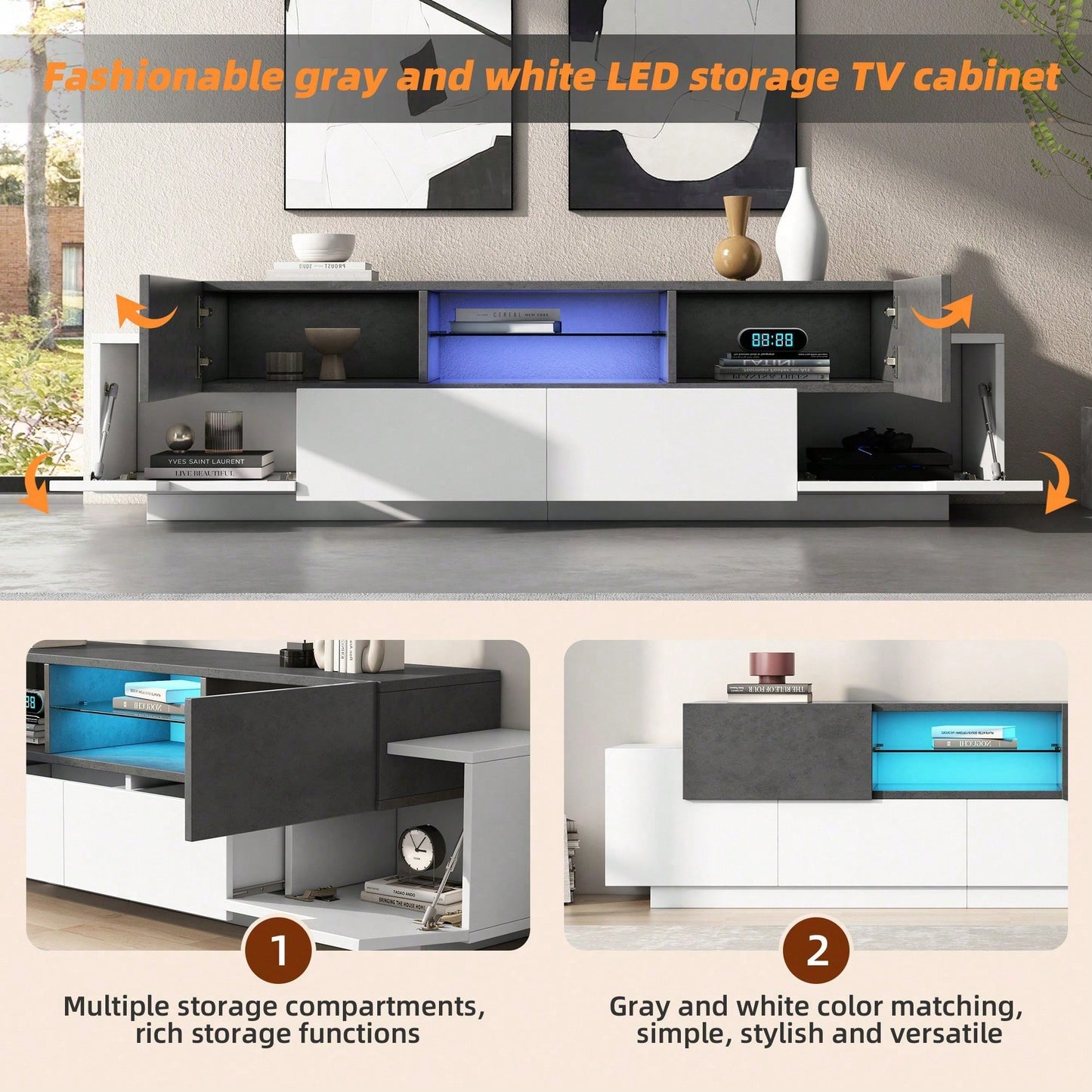 LED TV Schrank, TV-Kommode, Lowboard, Modernes TV-Unterhaltungszentrum mit Glasböden für Wohnzimmer, Schlafzimmer, TV-Konsole mit Lagerung, Gaming Media Cabinet für 80/75/70/65/55 Zoll TVs Weiß+Grau