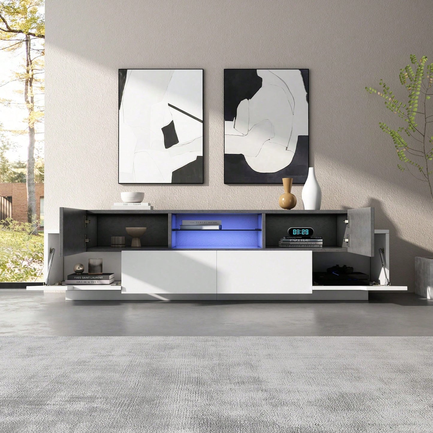 LED TV Schrank, TV-Kommode, Lowboard, Modernes TV-Unterhaltungszentrum mit Glasböden für Wohnzimmer, Schlafzimmer, TV-Konsole mit Lagerung, Gaming Media Cabinet für 80/75/70/65/55 Zoll TVs Weiß+Grau