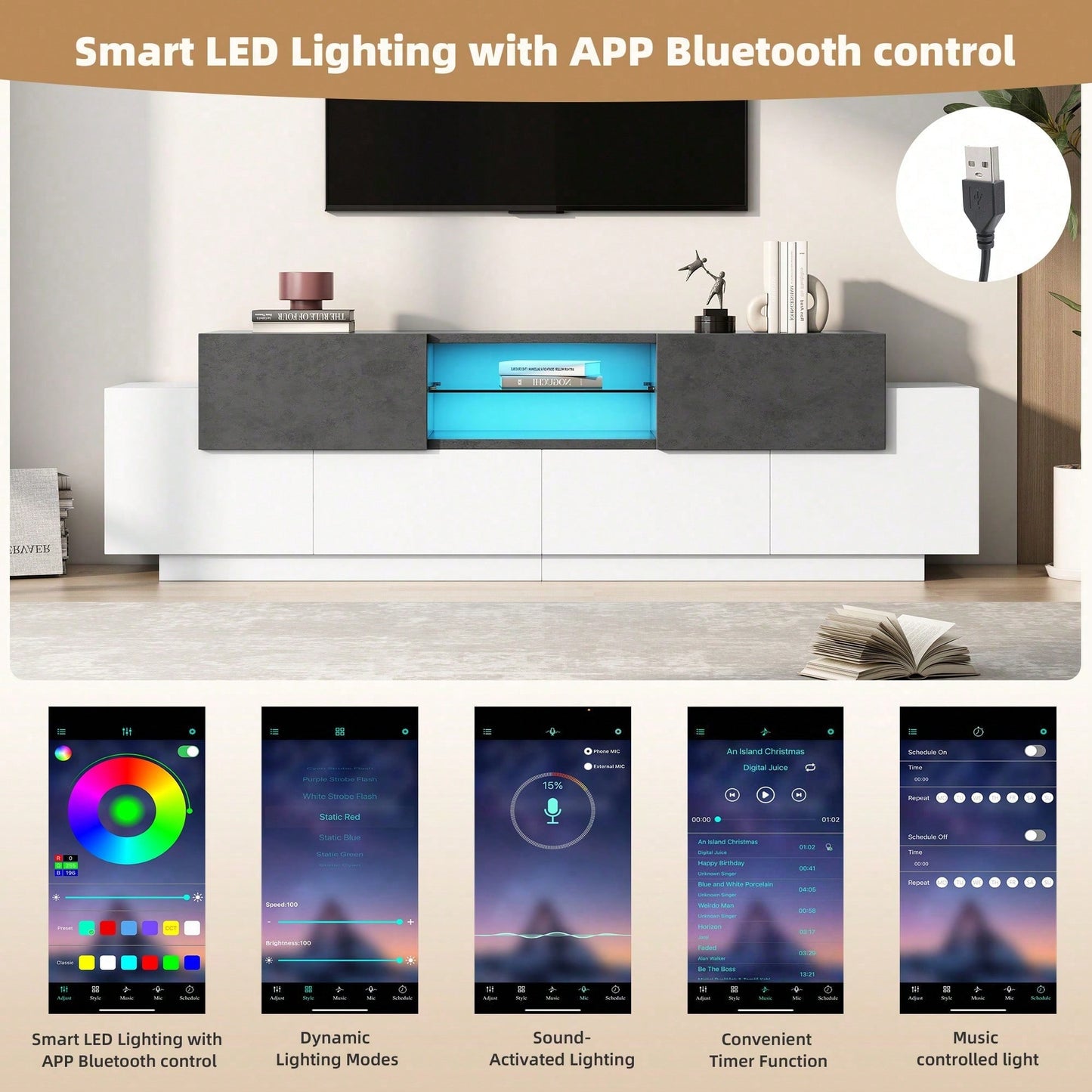 LED TV Schrank, TV-Kommode, Lowboard, Modernes TV-Unterhaltungszentrum mit Glasböden für Wohnzimmer, Schlafzimmer, TV-Konsole mit Lagerung, Gaming Media Cabinet für 80/75/70/65/55 Zoll TVs Weiß+Grau