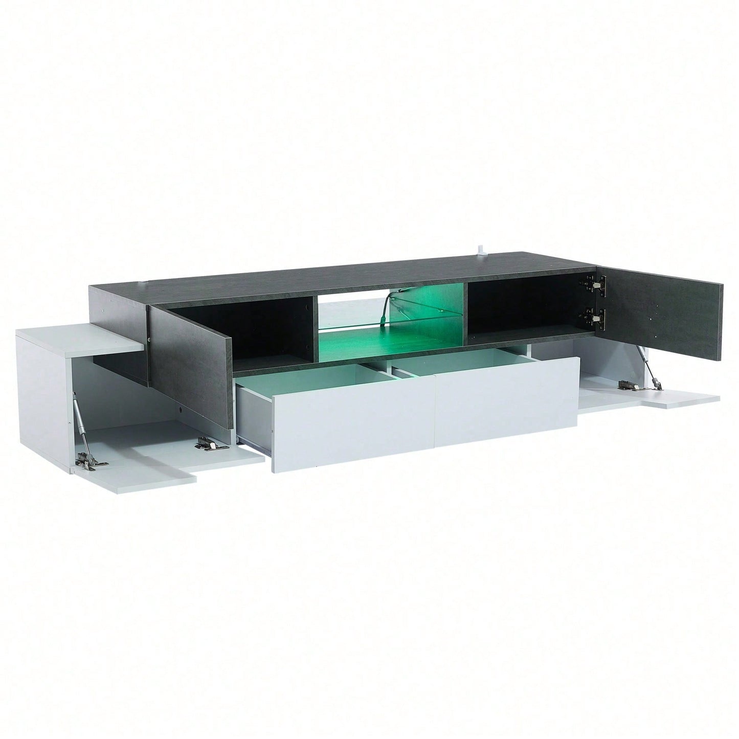 LED TV Schrank, TV-Kommode, Lowboard, Modernes TV-Unterhaltungszentrum mit Glasböden für Wohnzimmer, Schlafzimmer, TV-Konsole mit Lagerung, Gaming Media Cabinet für 80/75/70/65/55 Zoll TVs Weiß+Grau