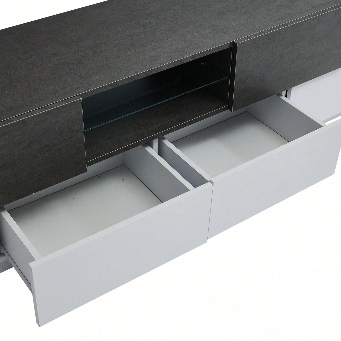 LED TV Schrank, TV-Kommode, Lowboard, Modernes TV-Unterhaltungszentrum mit Glasböden für Wohnzimmer, Schlafzimmer, TV-Konsole mit Lagerung, Gaming Media Cabinet für 80/75/70/65/55 Zoll TVs Weiß+Grau