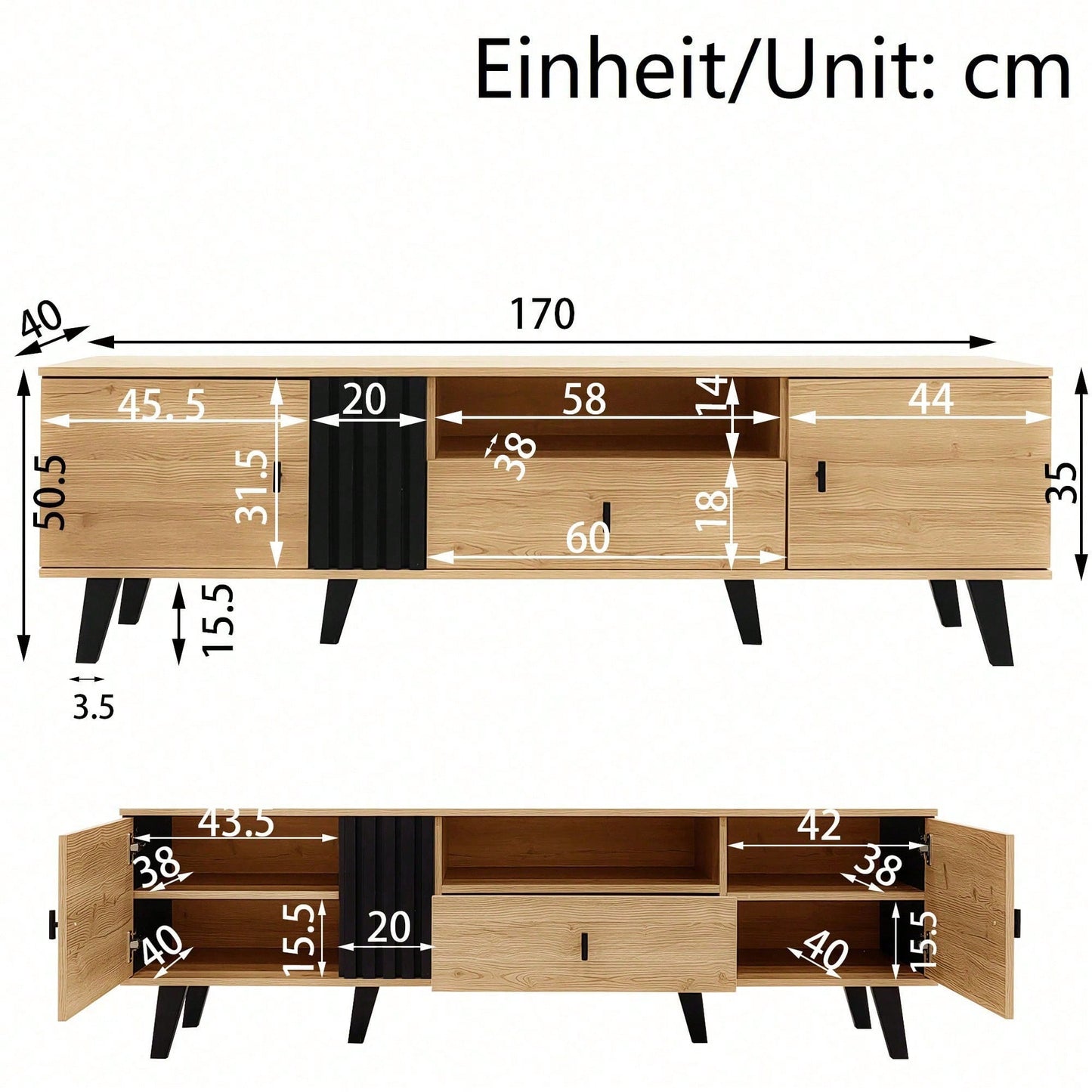 Stilvolle Eleganz: 170cm TV-Schrank mit Holz- und Schwarzdesign,TV-Möbel, Lowboard mit Schubladen, Vielfältige Aufbewahrungsfunktionen, einzigartiges Erscheinungsbild.