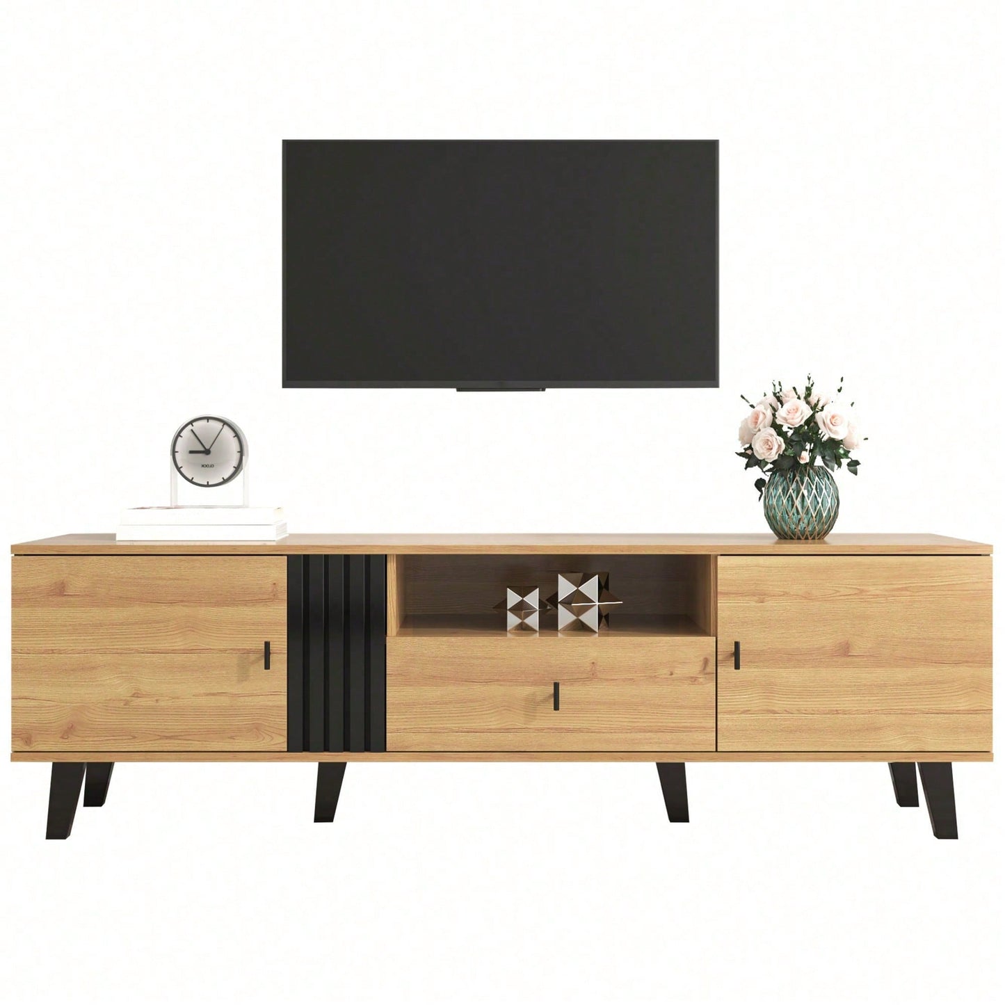 Stilvolle Eleganz: 170cm TV-Schrank mit Holz- und Schwarzdesign,TV-Möbel, Lowboard mit Schubladen, Vielfältige Aufbewahrungsfunktionen, einzigartiges Erscheinungsbild.