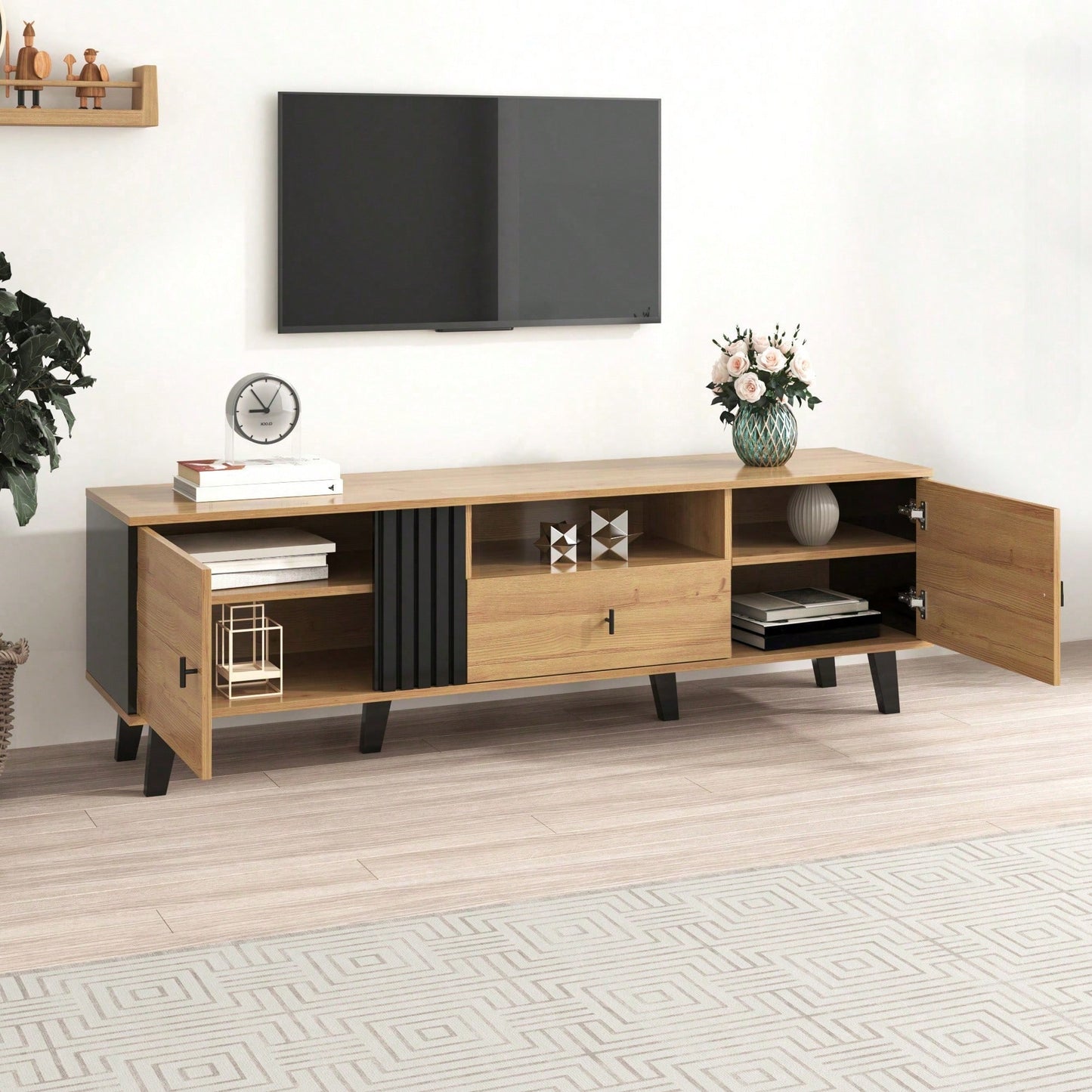 Stilvolle Eleganz: 170cm TV-Schrank mit Holz- und Schwarzdesign,TV-Möbel, Lowboard mit Schubladen, Vielfältige Aufbewahrungsfunktionen, einzigartiges Erscheinungsbild.