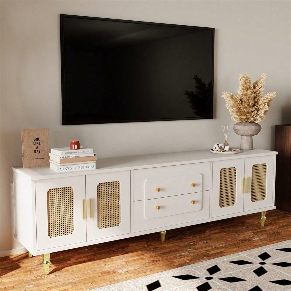 Lowboard, TV-Möbel im Retro-Stil: goldene Griffe, viel Stauraum. Mit Glastür und Beinen aus Massivholz