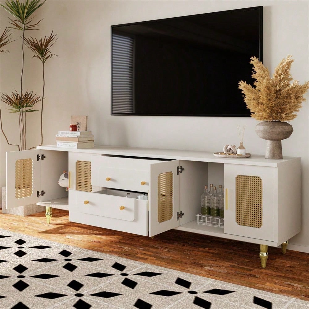 Lowboard, TV-Möbel im Retro-Stil: goldene Griffe, viel Stauraum. Mit Glastür und Beinen aus Massivholz