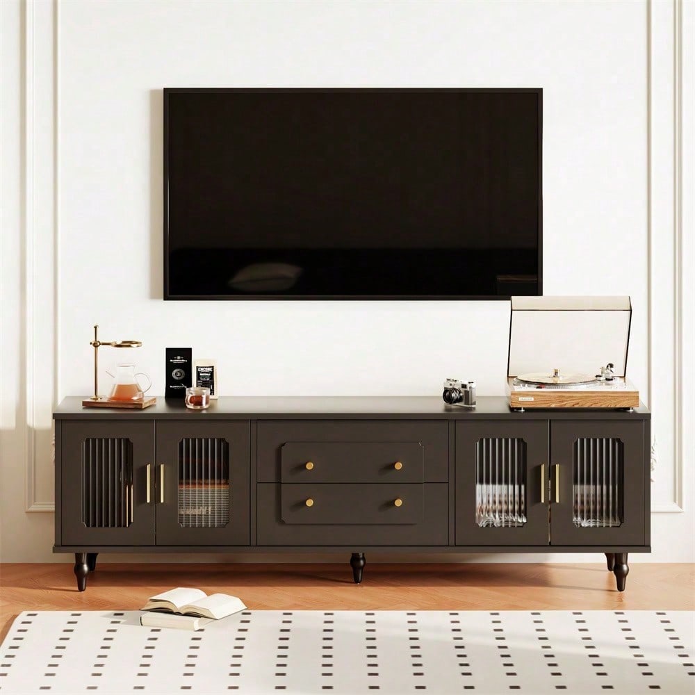 Lowboard, TV-Möbel im Retro-Stil: goldene Griffe, viel Stauraum. Mit Glastür und Beinen aus Massivholz