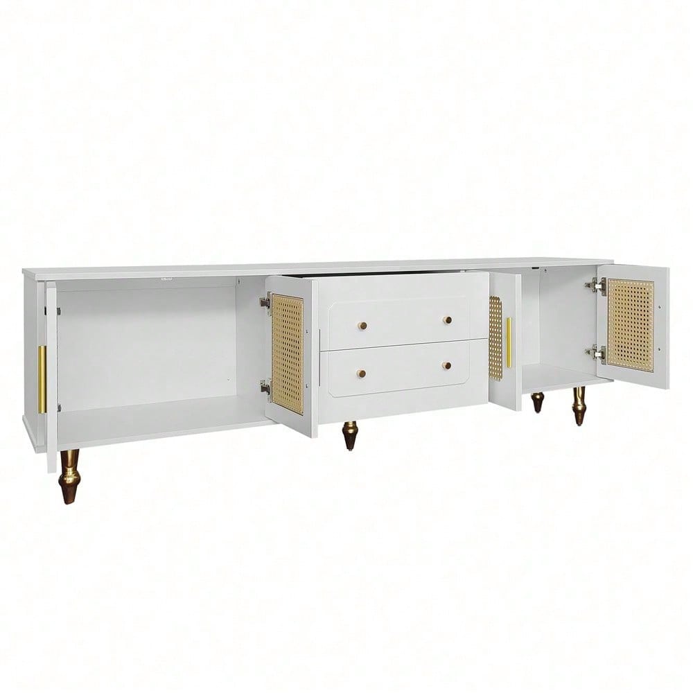 Lowboard, TV-Möbel im Retro-Stil: goldene Griffe, viel Stauraum. Mit Glastür und Beinen aus Massivholz