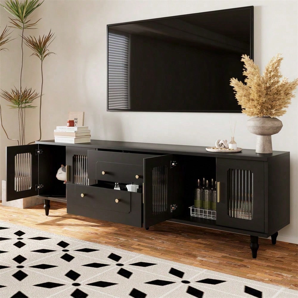 Lowboard, TV-Möbel im Retro-Stil: goldene Griffe, viel Stauraum. Mit Glastür und Beinen aus Massivholz