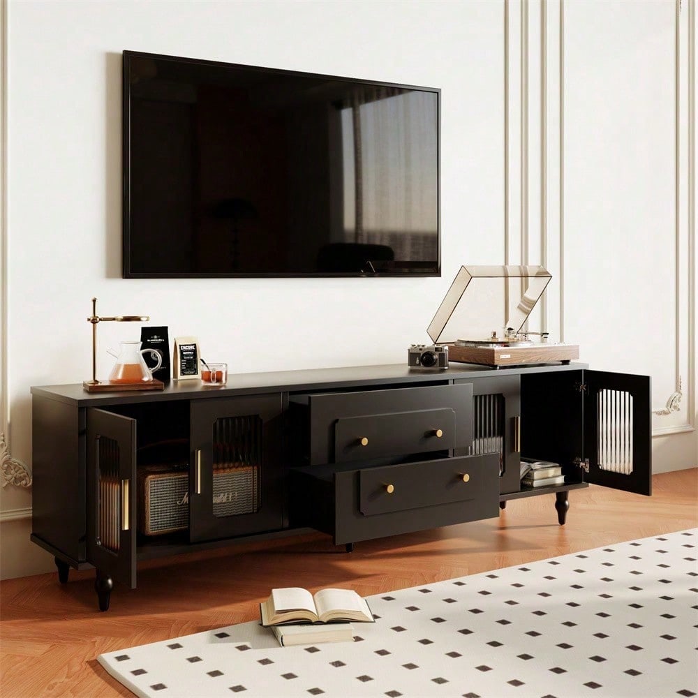 Lowboard, TV-Möbel im Retro-Stil: goldene Griffe, viel Stauraum. Mit Glastür und Beinen aus Massivholz