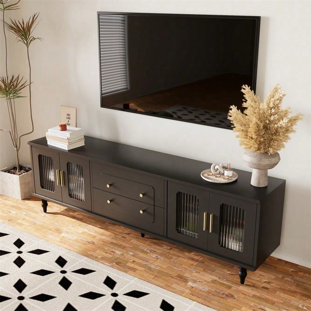 Lowboard, TV-Möbel im Retro-Stil: goldene Griffe, viel Stauraum. Mit Glastür und Beinen aus Massivholz