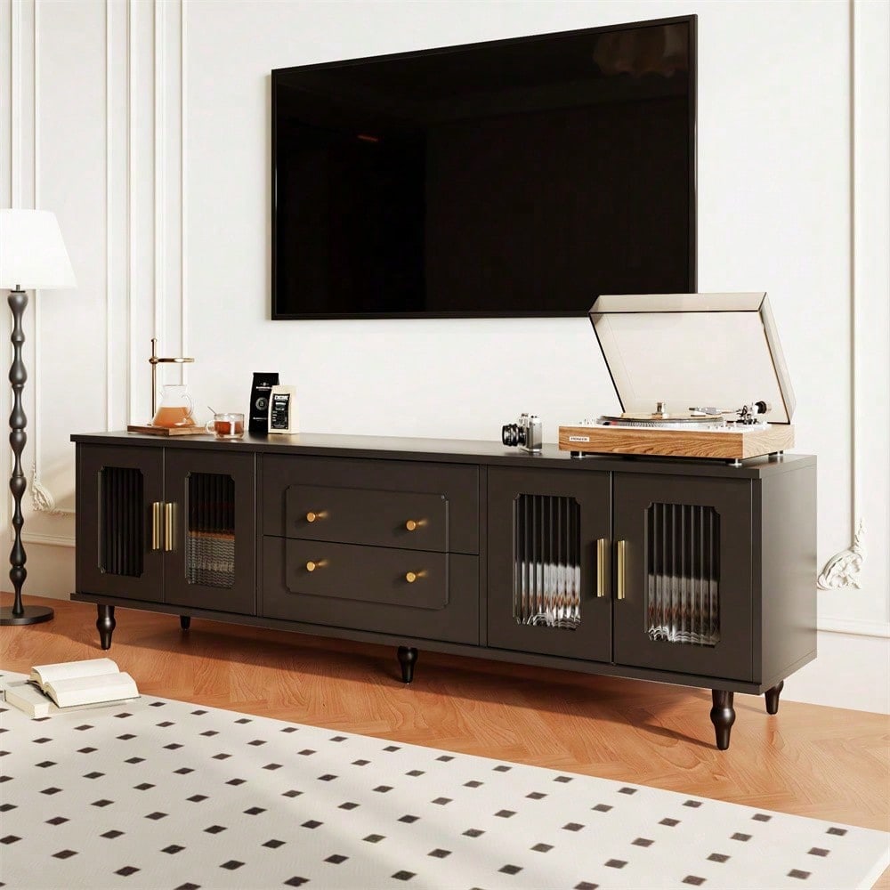 Lowboard, TV-Möbel im Retro-Stil: goldene Griffe, viel Stauraum. Mit Glastür und Beinen aus Massivholz
