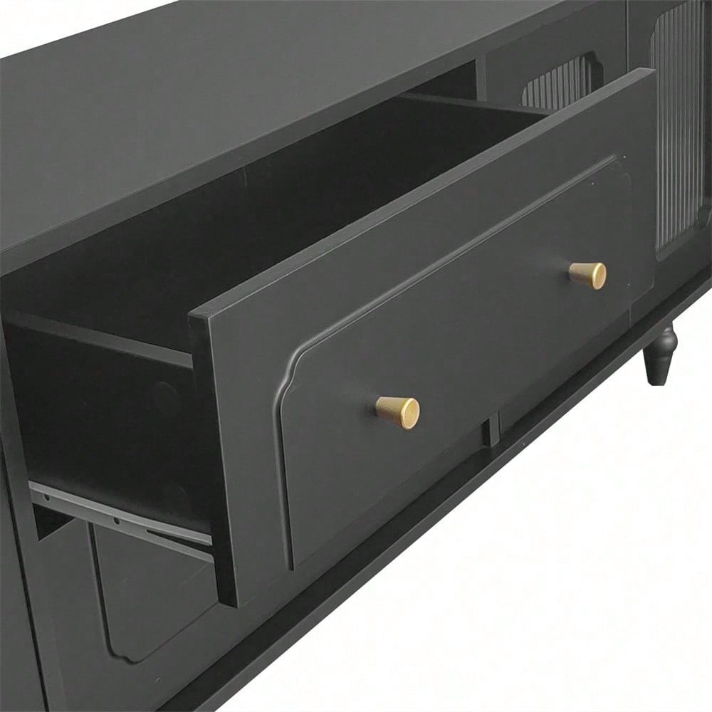 Lowboard, TV-Möbel im Retro-Stil: goldene Griffe, viel Stauraum. Mit Glastür und Beinen aus Massivholz