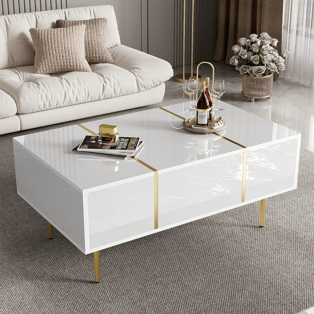 Weißer Couchtisch mit Hochglanz, modern und schlicht, mit 2 Schubladen