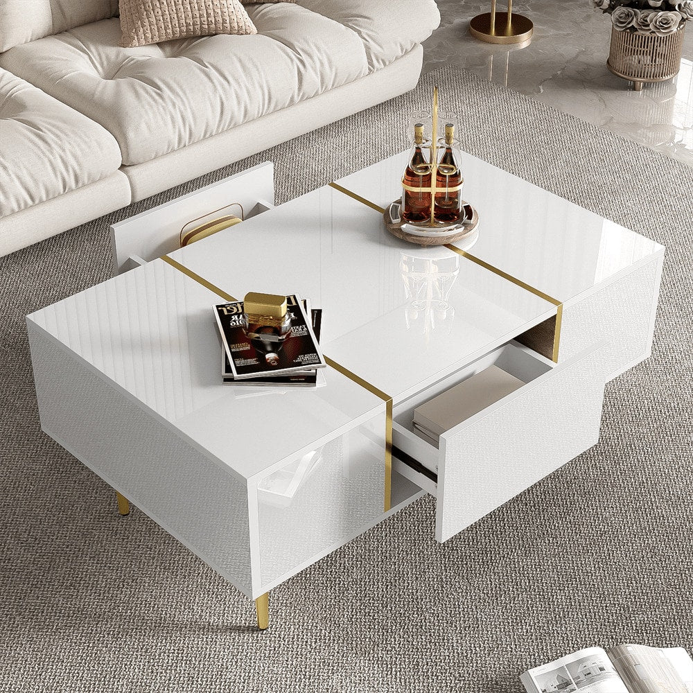 Weißer Couchtisch mit Hochglanz, modern und schlicht, mit 2 Schubladen