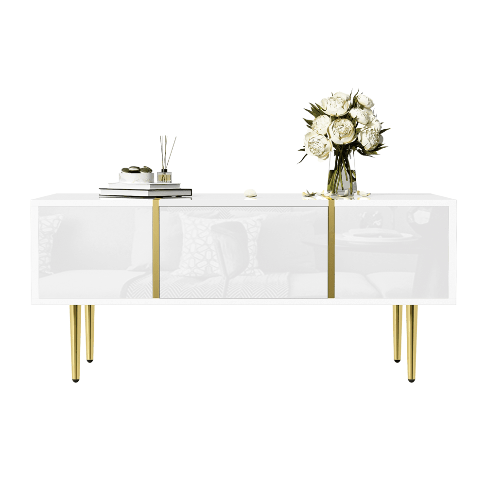 Weißer Couchtisch mit Hochglanz, modern und schlicht, mit 2 Schubladen