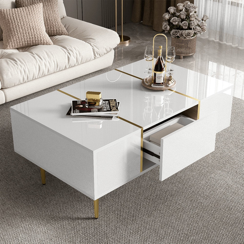 Weißer Couchtisch mit Hochglanz, modern und schlicht, mit 2 Schubladen