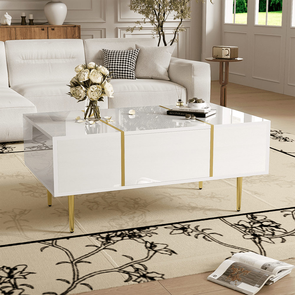 Weißer Couchtisch mit Hochglanz, modern und schlicht, mit 2 Schubladen